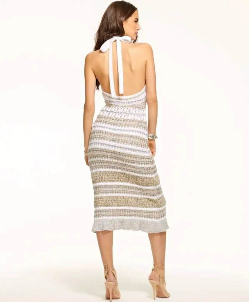 Ramy Brook Cara Sequin Halter Neck Crochet Knit Dress - Size Large