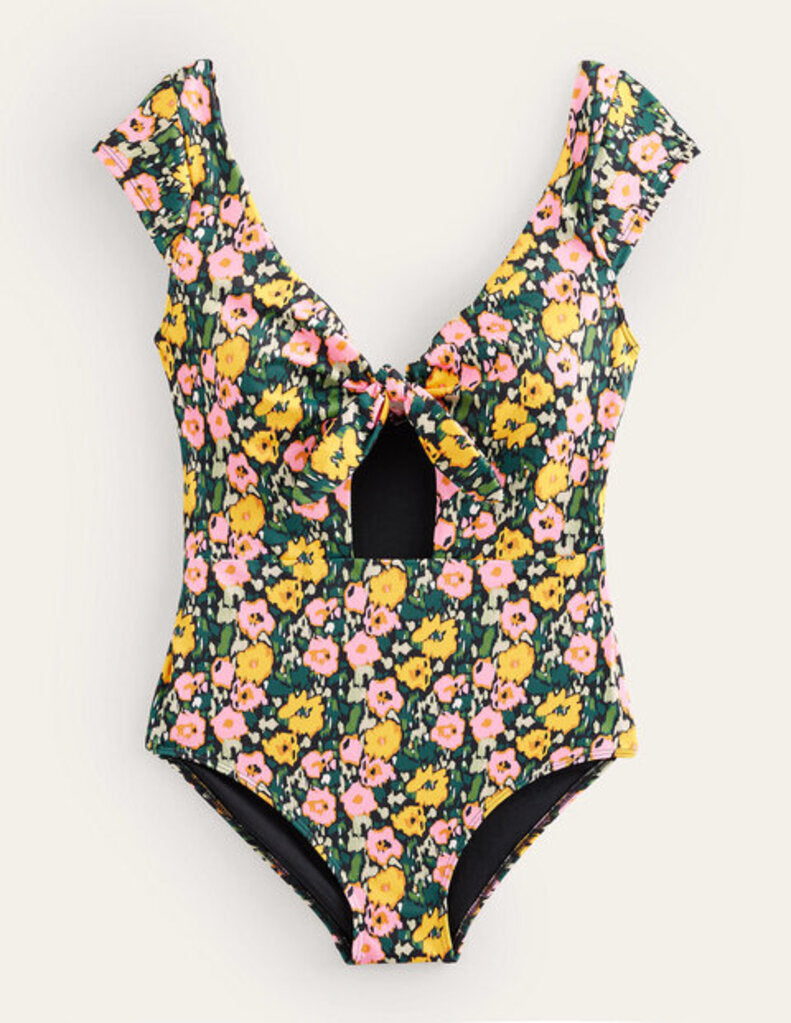 Boden NWT Cap Sleeve Tie Swimsuit in Emerald Night, Abstract Poppy - Size 6 (Retails for $120)