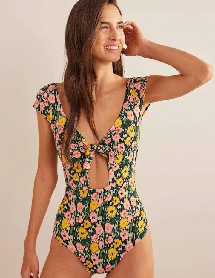 Boden NWT Cap Sleeve Tie Swimsuit in Emerald Night, Abstract Poppy - Size 6 (Retails for $120)
