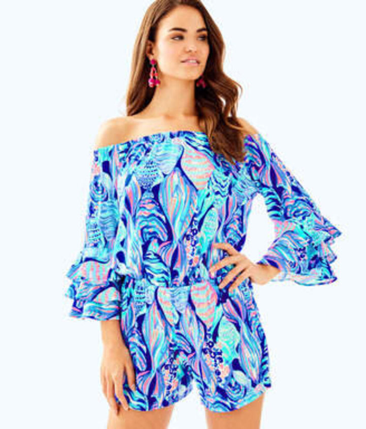 Lilly Pulitzer Calla Off The Shoulder Romper in Twilight Blue Scale Up - Size XS