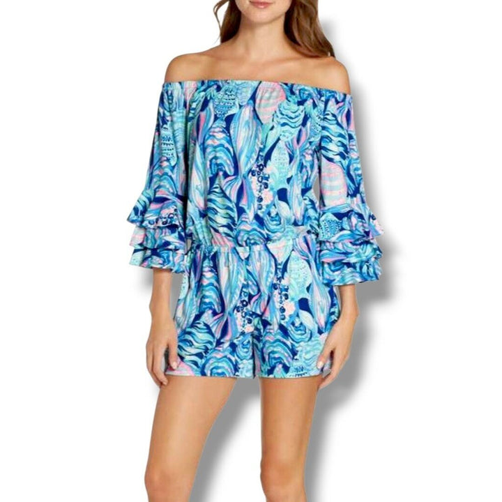 Lilly Pulitzer Calla Off The Shoulder Romper in Twilight Blue Scale Up - Size XS