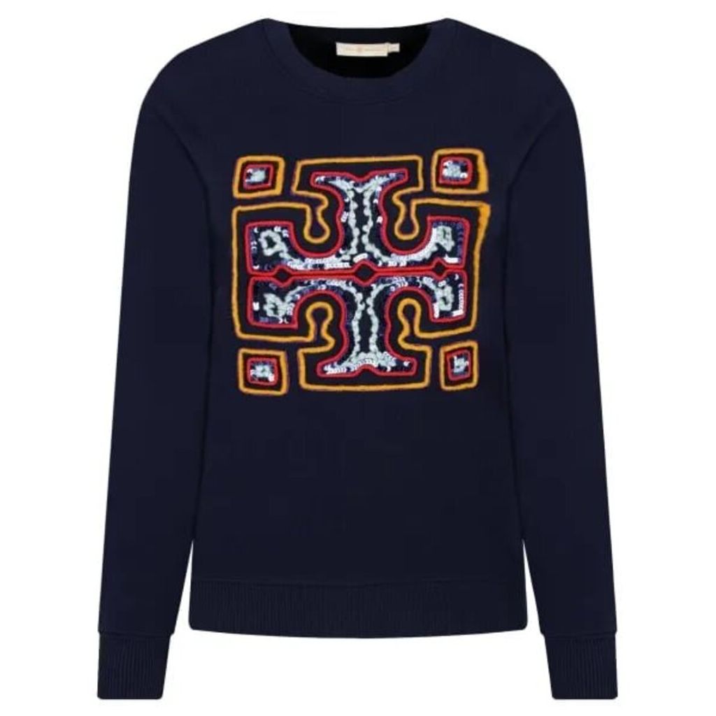 Tory Burch Sequin-Embroidered Logo Jumper In Blue - Size XS(Retails for $371)