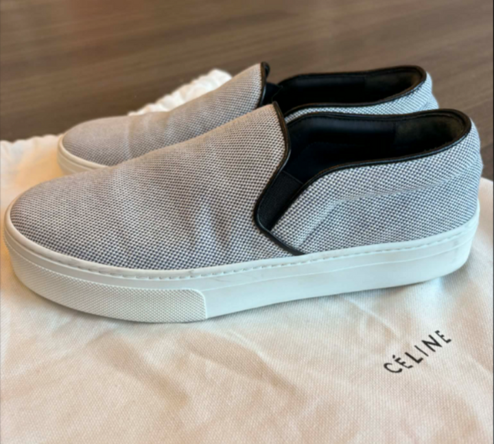 Celine Skate Slip On Sneakers In White And Black Micro Check Canvas - Size 36