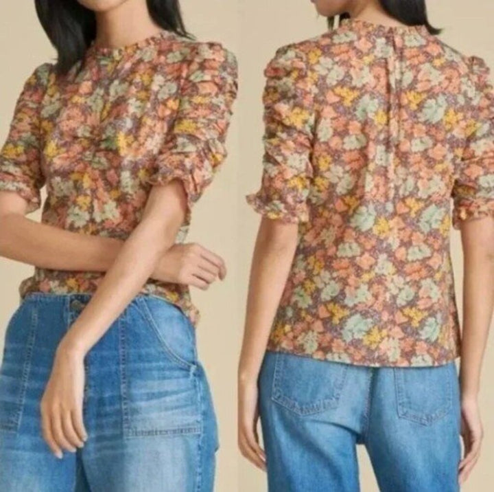 Veronica Beard Natuka Floral Ruched Short-Sleeve Blouse - Size 0