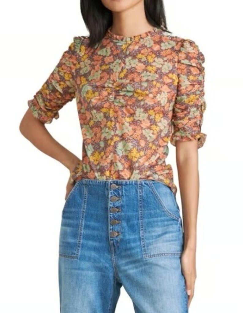 Veronica Beard Natuka Floral Ruched Short-Sleeve Blouse - Size 0