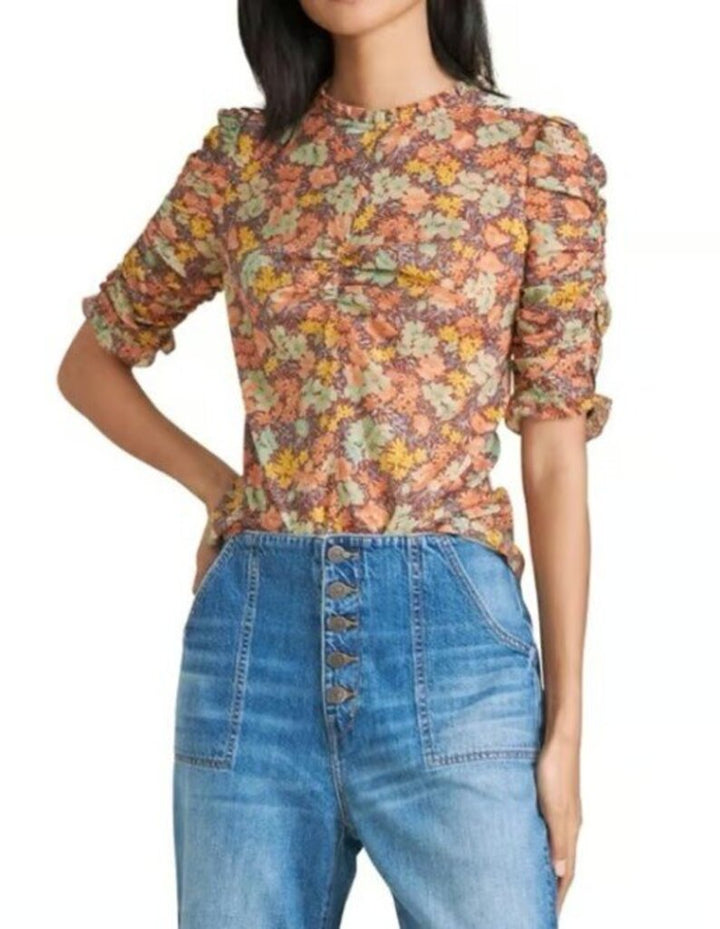 Veronica Beard Natuka Floral Ruched Short-Sleeve Blouse - Size 0