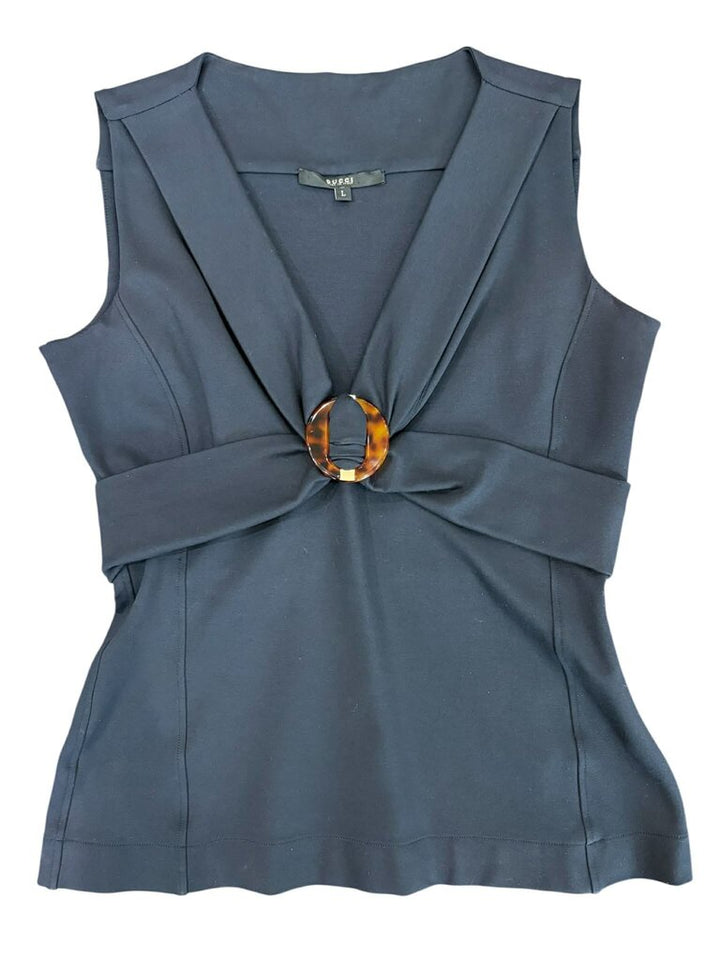 Gucci Tortoise Emblem V Neck Sleeveless Blouse - Size Large