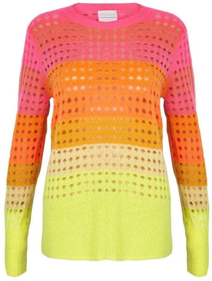 Brodie Cashmere Sunset Pointelle Jumper in Neon Pink - Size Small