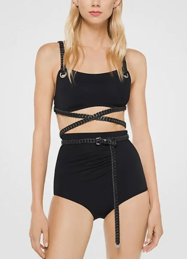 Michael Kors Collection NWT Leather-Trimmed Crepe Bra and Brief Bikini - Size 10 (Retails for $475)