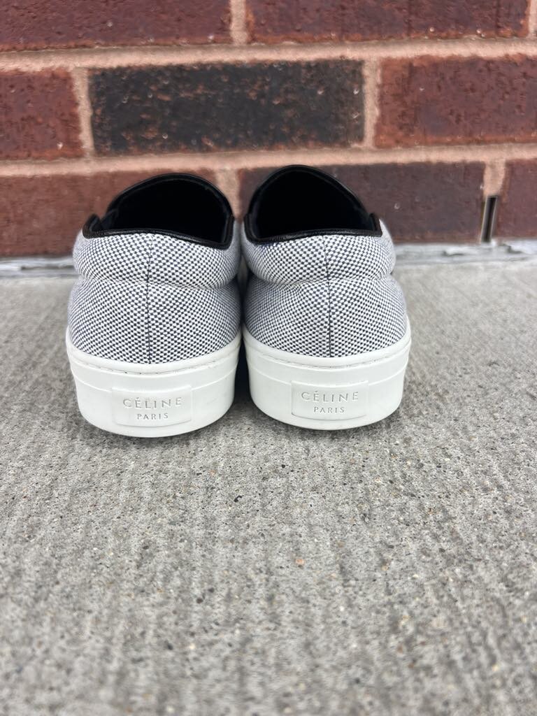 Celine Skate Slip On Sneakers In White And Black Micro Check Canvas - Size 36
