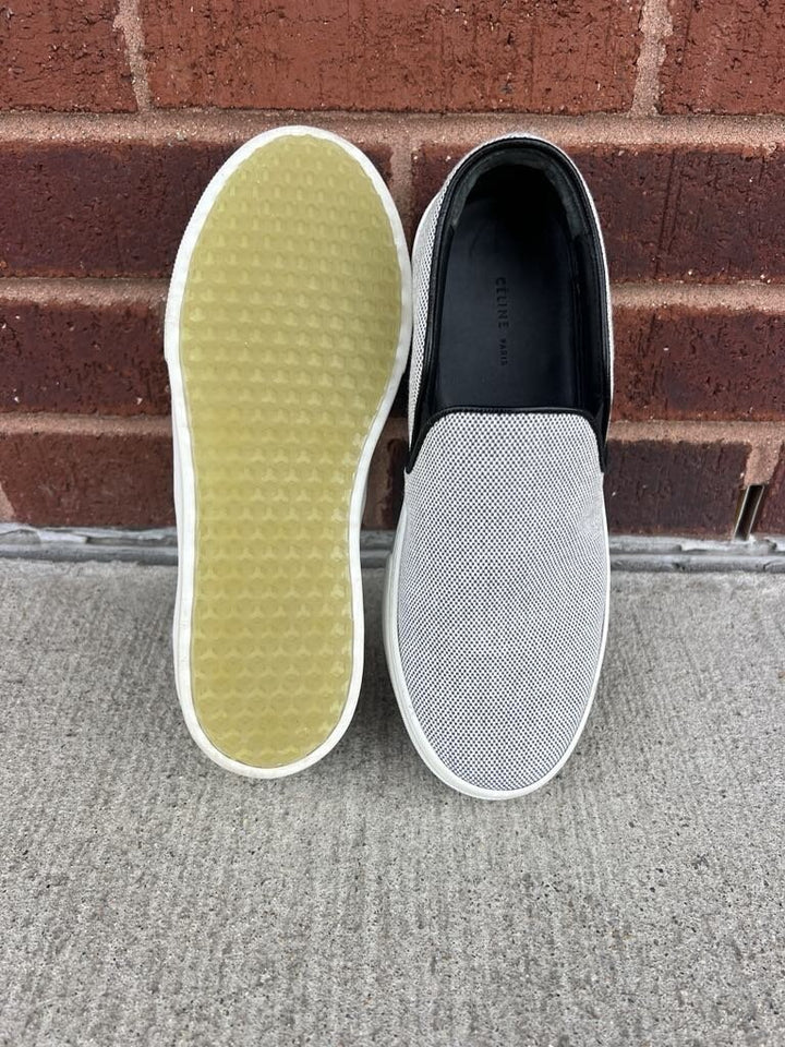 Celine Skate Slip On Sneakers In White And Black Micro Check Canvas - Size 36