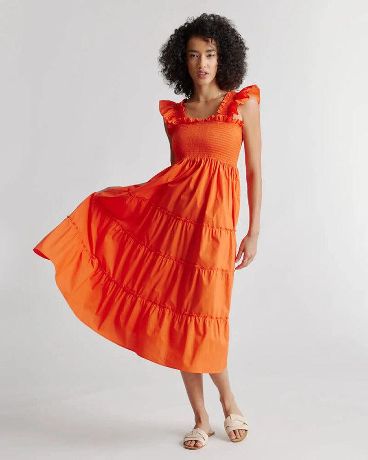 Quince 100% Organic Cotton Poplin Smocked Midi Dress in Vermilion Red - Size large