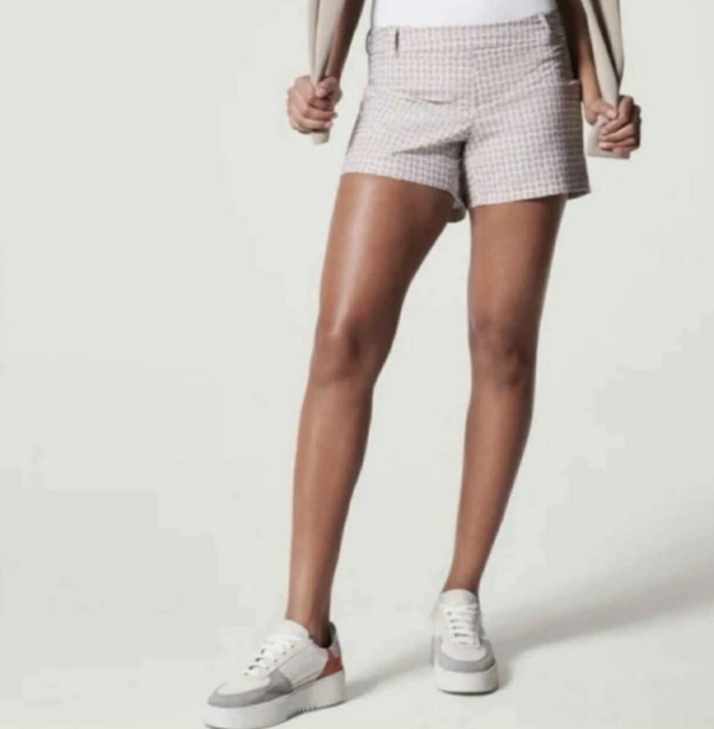 Spanx Sunshine Shorts In Bespoke Check Fawn - Size Large