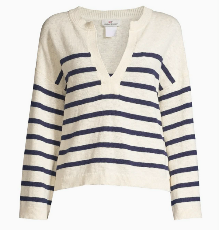 Vineyard Vines Breton Stripe Slub Split-Neck Sweater - Size XL