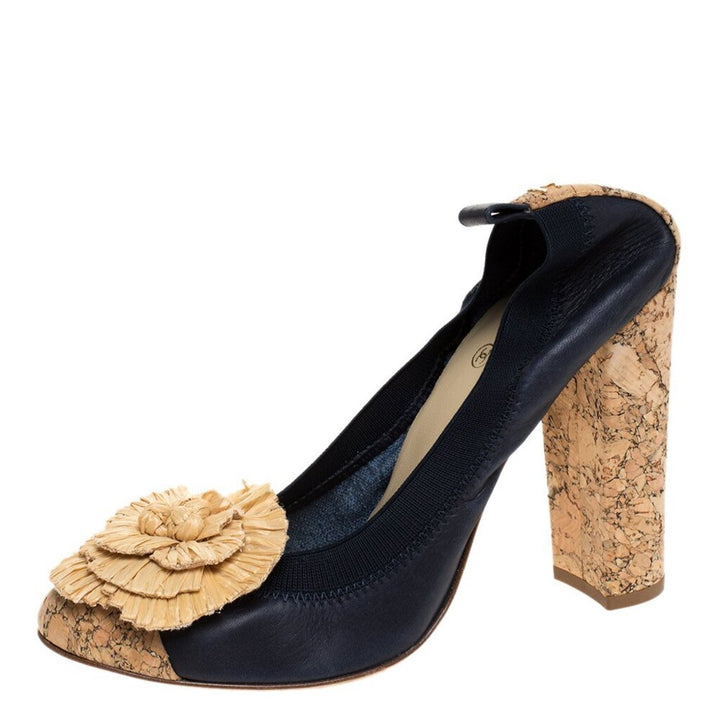 Chanel Navy Leather And Raffia Camellia Scrunch Cork Block Heel Pumps - Size 39