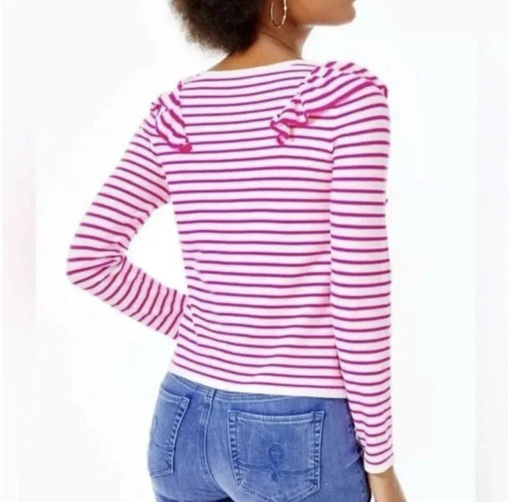 Lilly Pulitzer Pink Ruth Striped Ruffle Sweater - Size Small