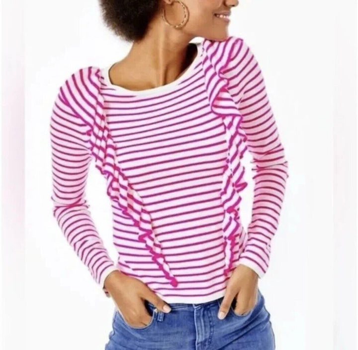 Lilly Pulitzer Pink Ruth Striped Ruffle Sweater - Size Small