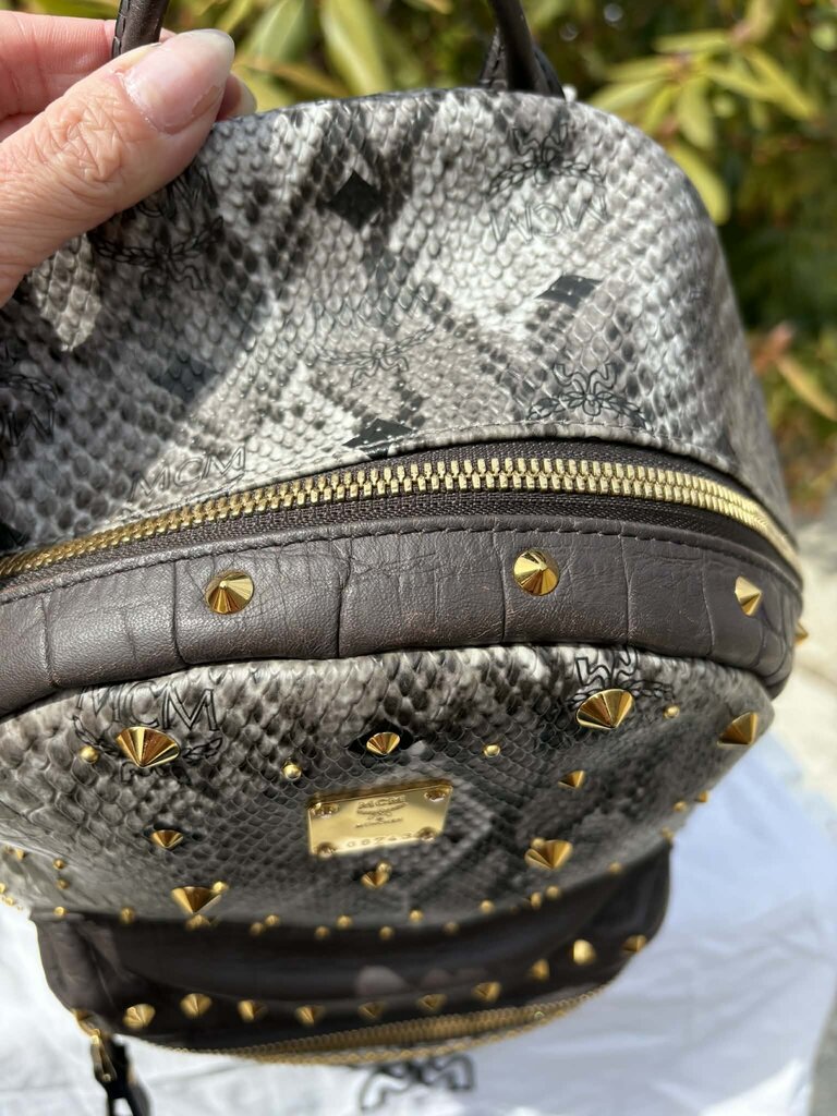 black leather snakeskin backpack MCM Visetos Snakeskin Studded Leather Backpack