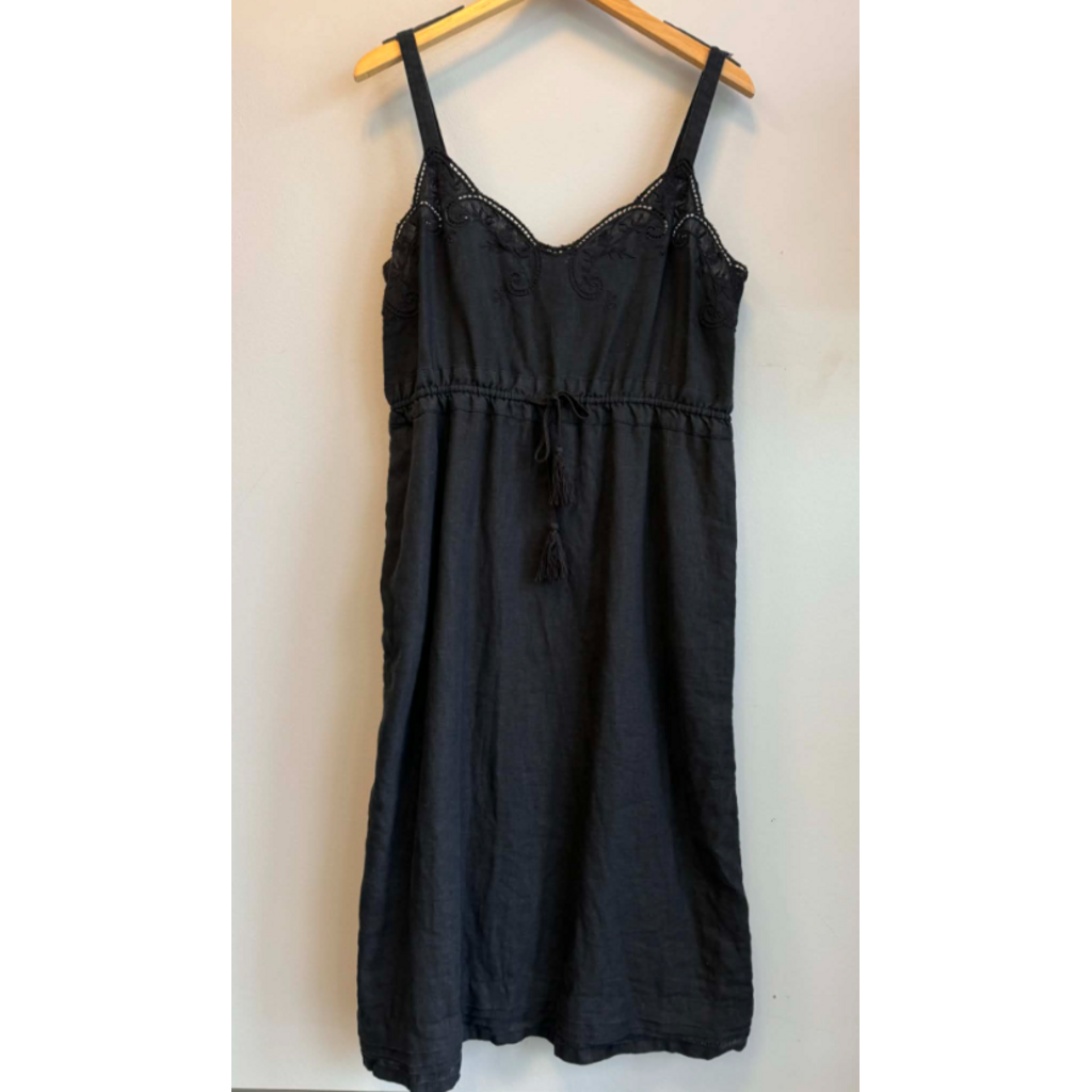 J Crew Black Embroidered Linen Midi Dress