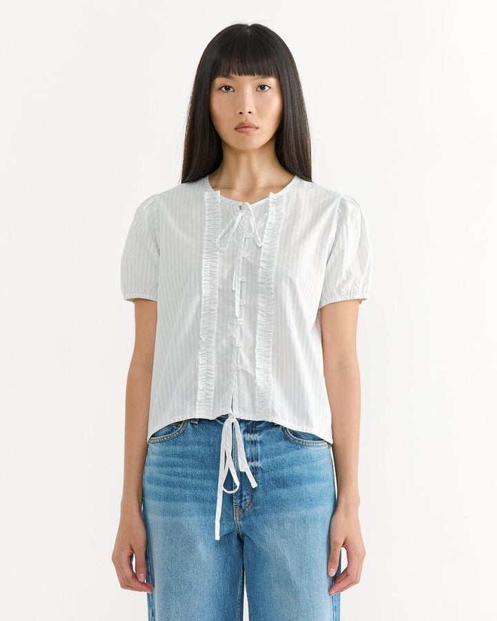Deiji Studios Double Frill Top in Sage Stripe - Size Large (Retails for $160)
