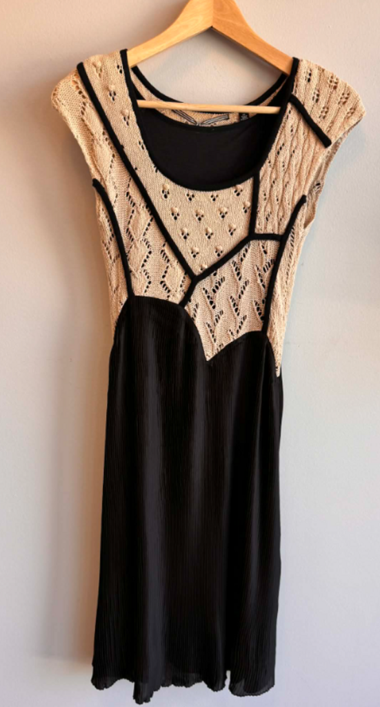 Knitted & Knotted Cream Cotton Top Satin Black Pleated Dress - Size XS