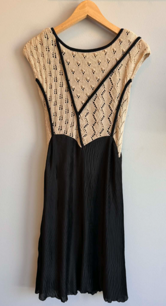 Knitted & Knotted Cream Cotton Top Satin Black Pleated Dress - Size XS