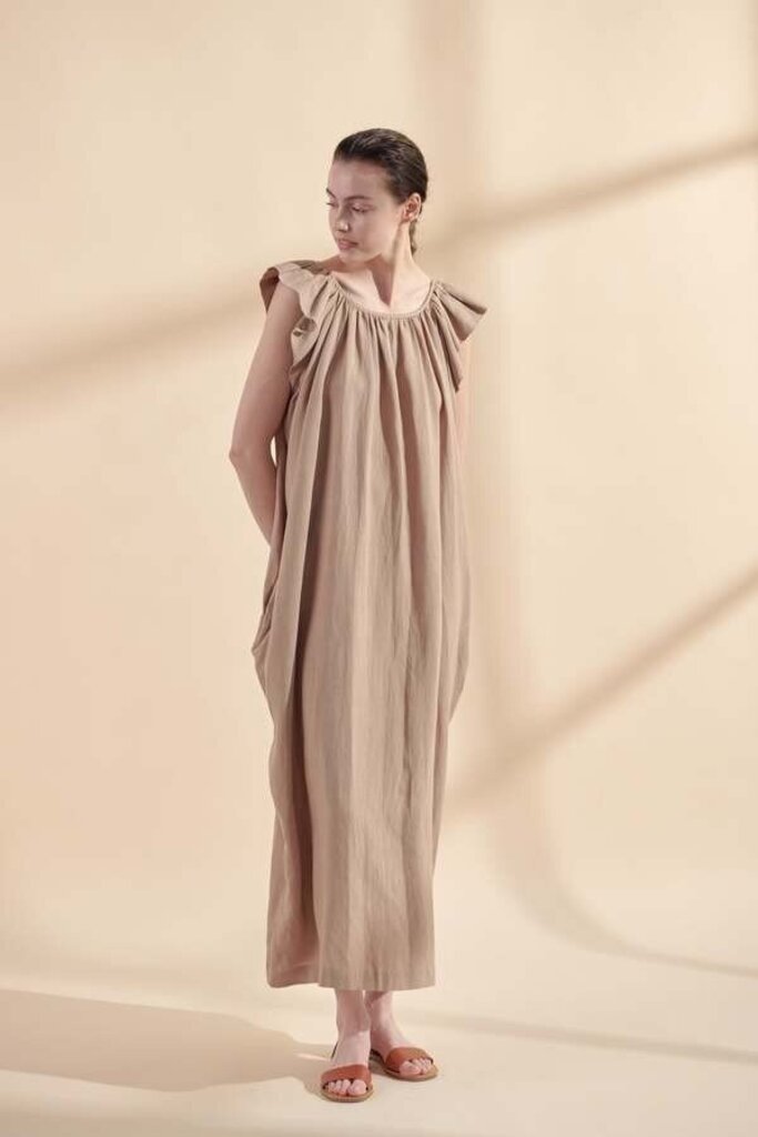 Amente Ruffle Sleeve Back Tie Midi Dress in Mocha (Retails $125) - Size Medium