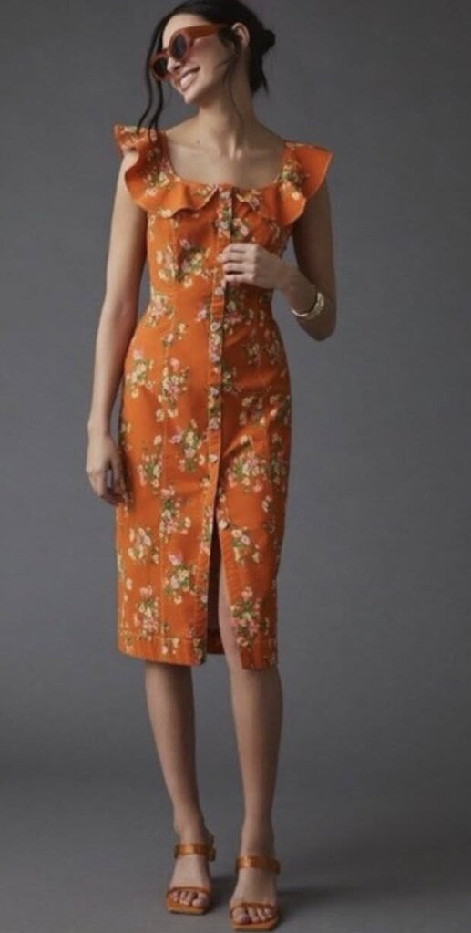 Anthropologie NWT Buttondown Dress in Orange Motif - Size Small P (Retails for $170)