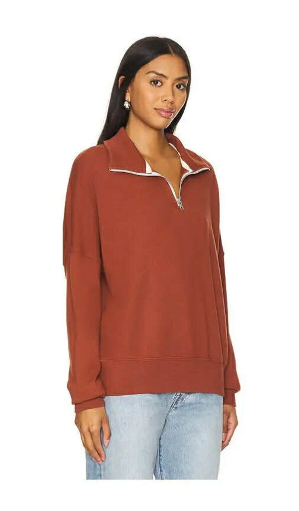 Perfectwhitetee French Terry Half Zip Pullover in Russet - Size Medium (retails for $158)