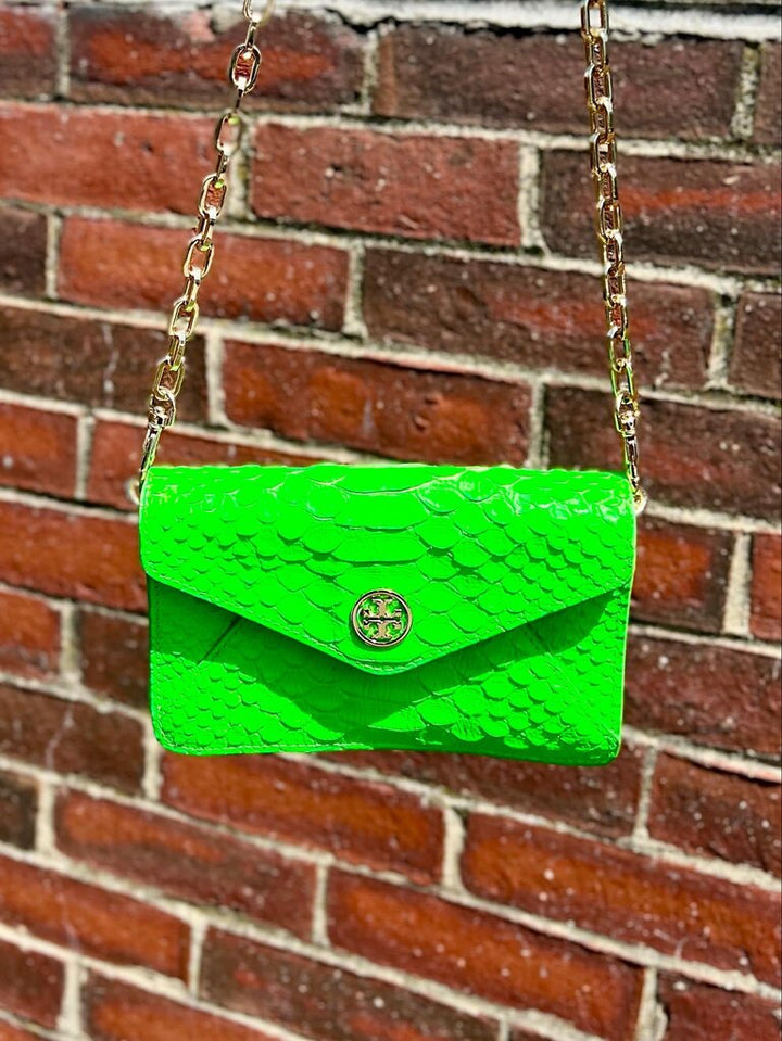 Tory Burch Neon Green Python Embossed Leather Miniature Crossbody Bag