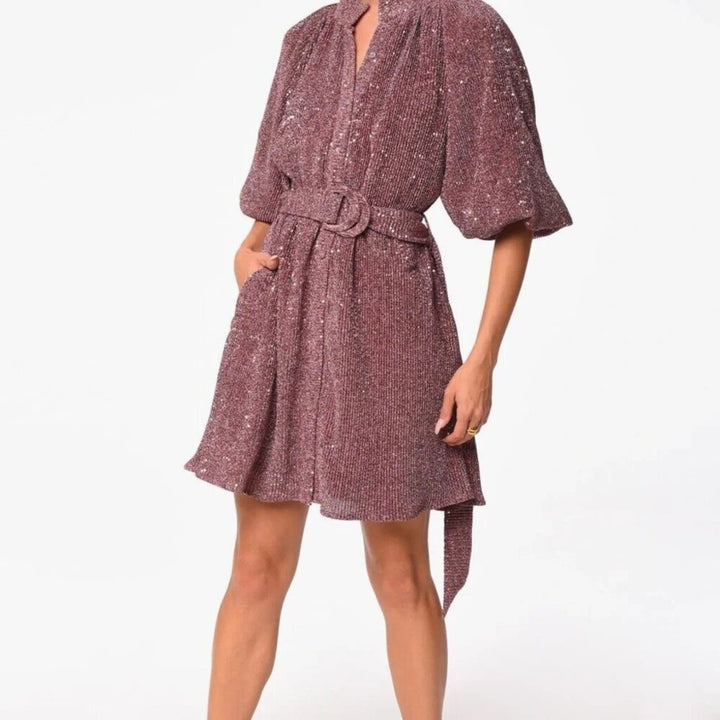 Ciebon Sequin Knit Belted Mini Shirt Dress In Metallic Pink - Size Small