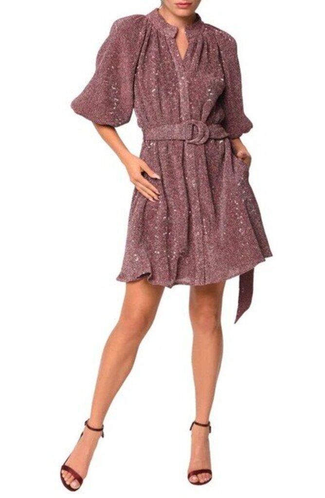 Ciebon Sequin Knit Belted Mini Shirt Dress In Metallic Pink - Size Small