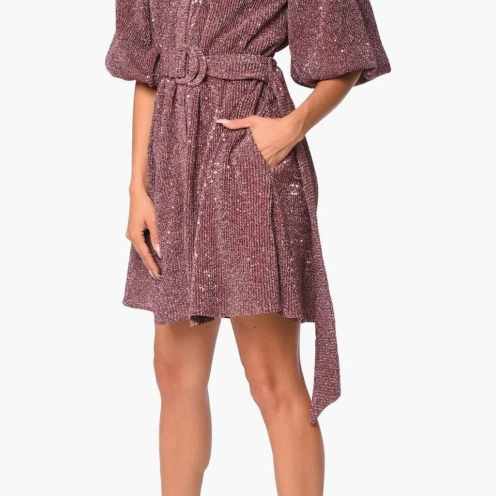 Ciebon Sequin Knit Belted Mini Shirt Dress In Metallic Pink - Size Small