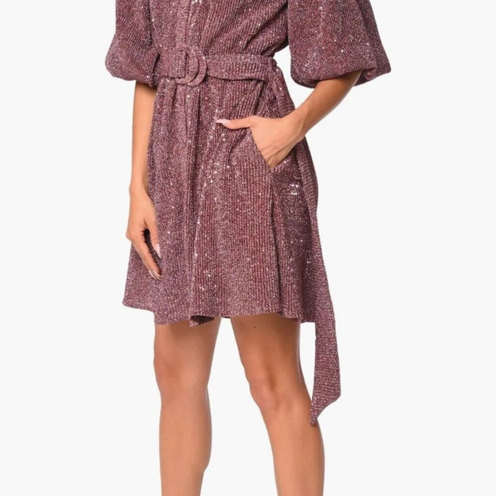 Ciebon Sequin Knit Belted Mini Shirt Dress In Metallic Pink - Size Small