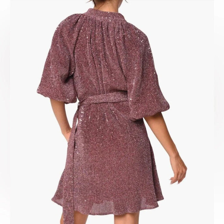 Ciebon Sequin Knit Belted Mini Shirt Dress In Metallic Pink - Size Small
