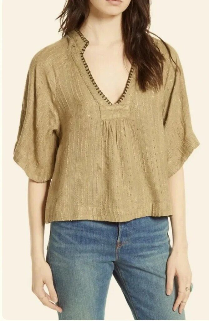 Free People Get Over It Embellished Split-Neck Top - Size Small
