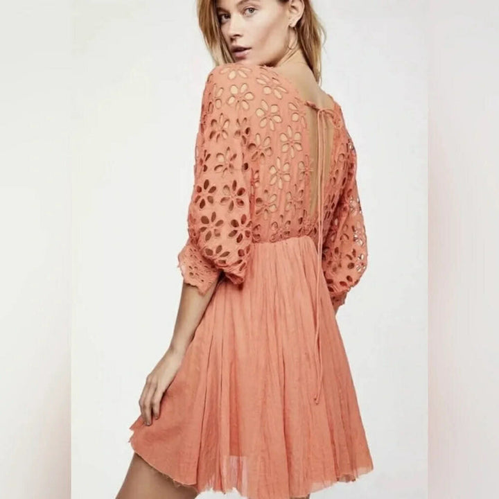 Free People Bella Note Eyelet Mini Dress Orange-Size Large