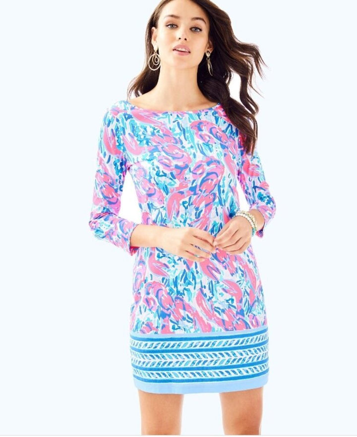 Lilly Pulitzer Marlowe Boatneck T Shirt Dress in Cosmic Coral Cracked Up - Size XS
