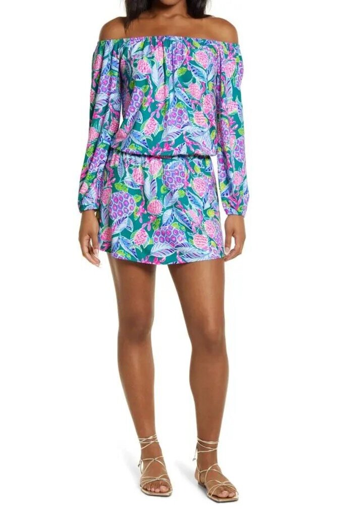 Lilly Pulitzer Lana Off The Shoulder Romper Dress in Maldives Green Turtle - Size Large