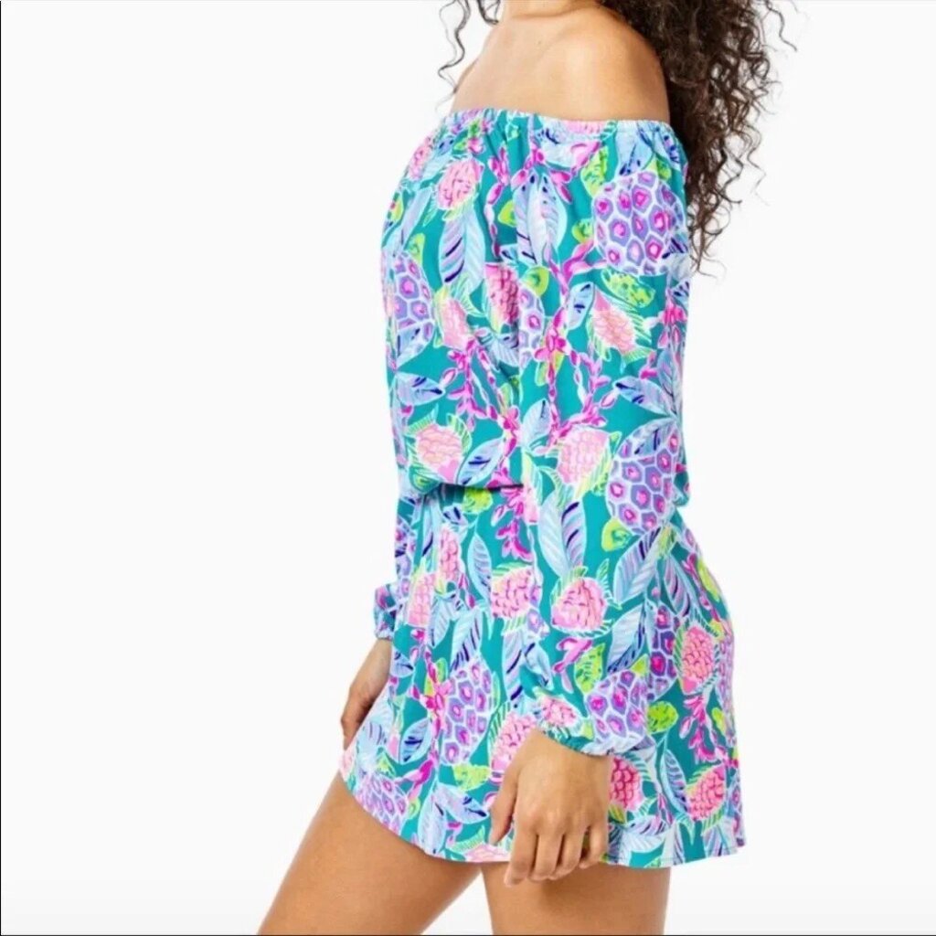 Lilly Pulitzer Lana Off The Shoulder Romper Dress in Maldives Green Turtle - Size Large