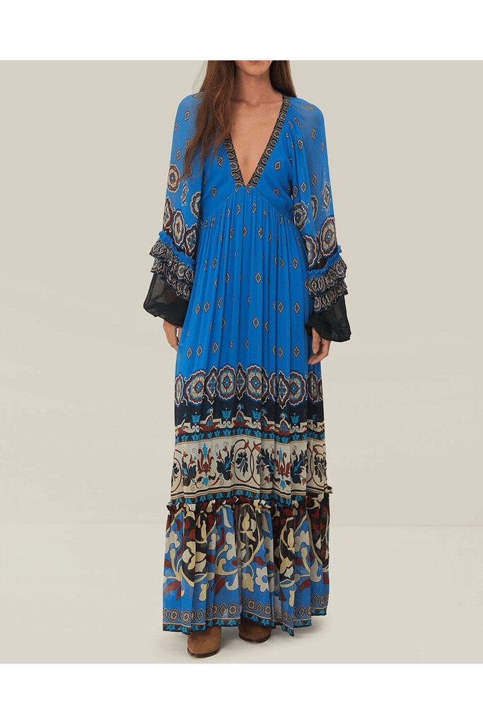 Farm Rio NWT Ainka Tiles Blue Maxi Dress - Size Small