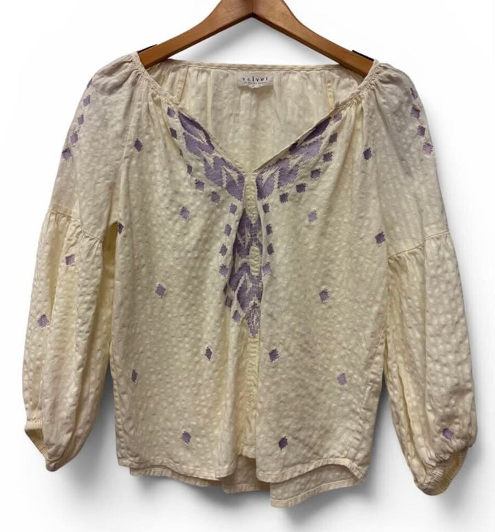 Velvet by Graham & Spencer Klara Embroidered Peasant Blouse- Size Small
