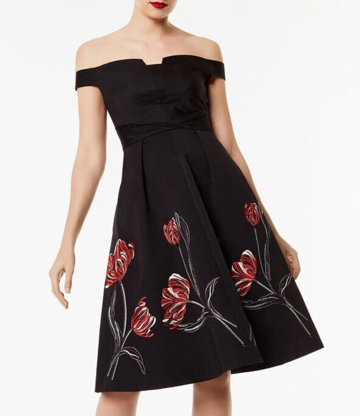 Karen Millen Black Floral Embroidered Bardot Cocktail Dress - Size 4