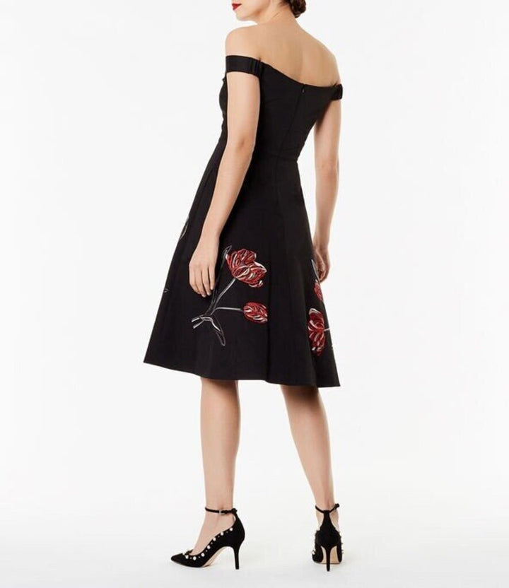 Karen Millen Black Floral Embroidered Bardot Cocktail Dress - Size 4