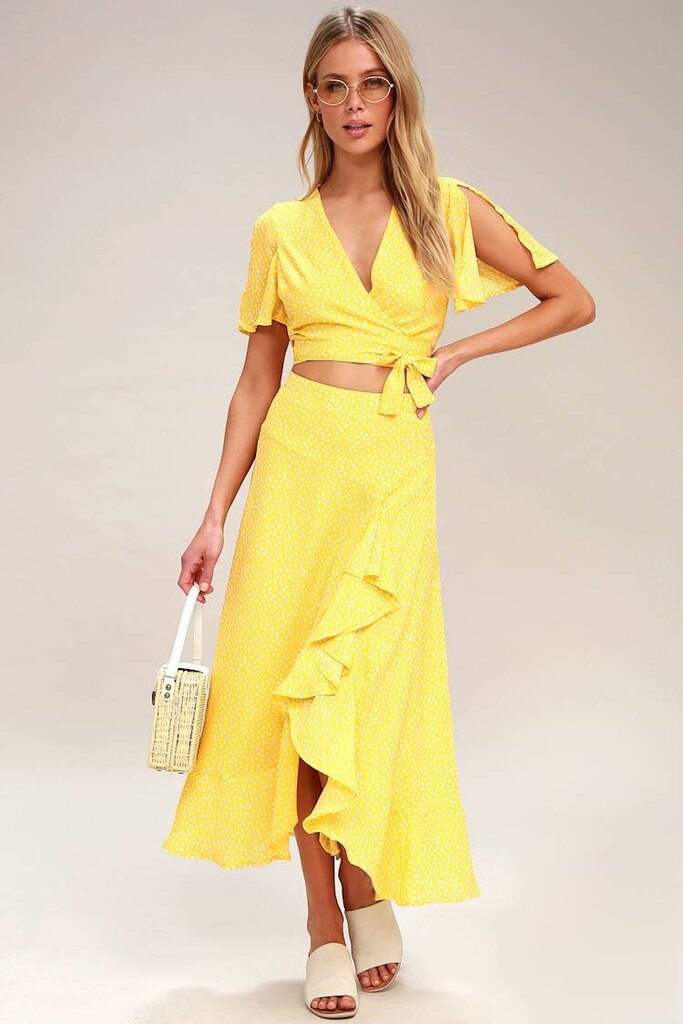 Lulus Girl Like You Yellow Polka Dot Two Piece Set (Retails for $80) - Size Medium