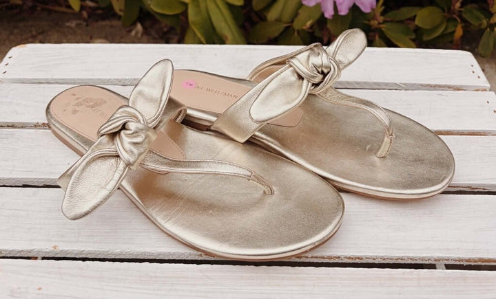 Stuart Weitzman Gold Metallic Thong Knot Tie Sandals - Size 8