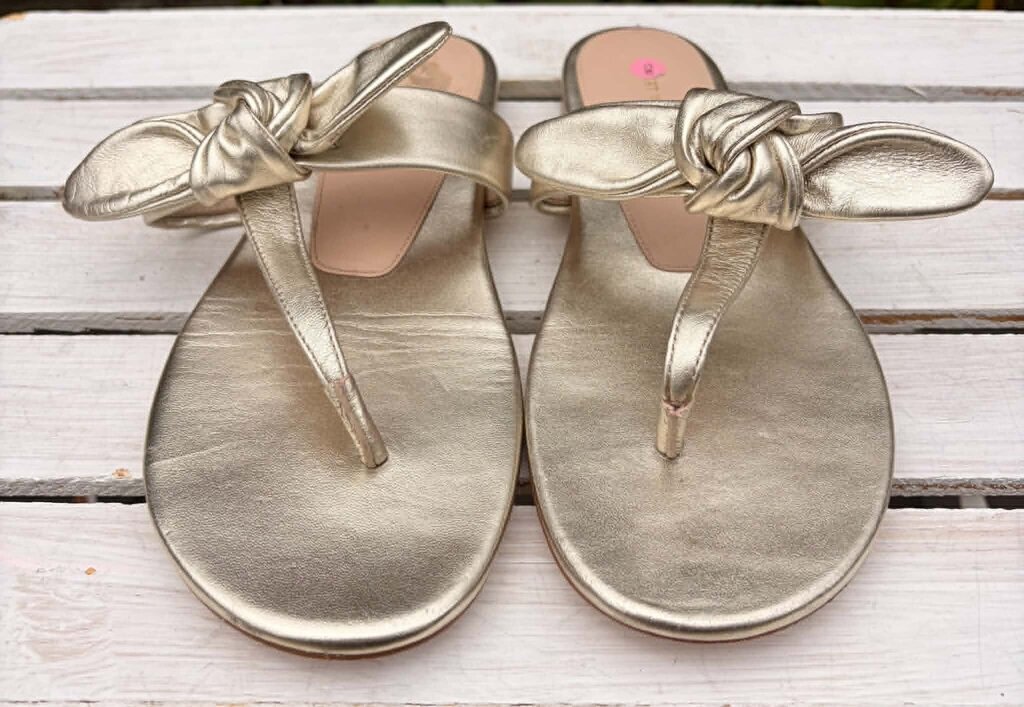 Stuart Weitzman Gold Metallic Thong Knot Tie Sandals - Size 8