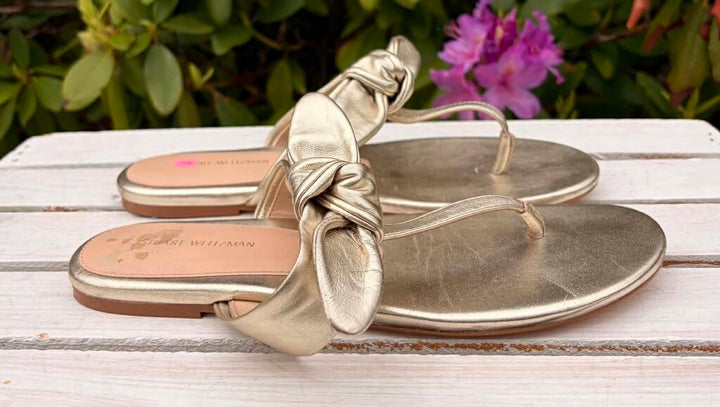 Stuart Weitzman Gold Metallic Thong Knot Tie Sandals - Size 8