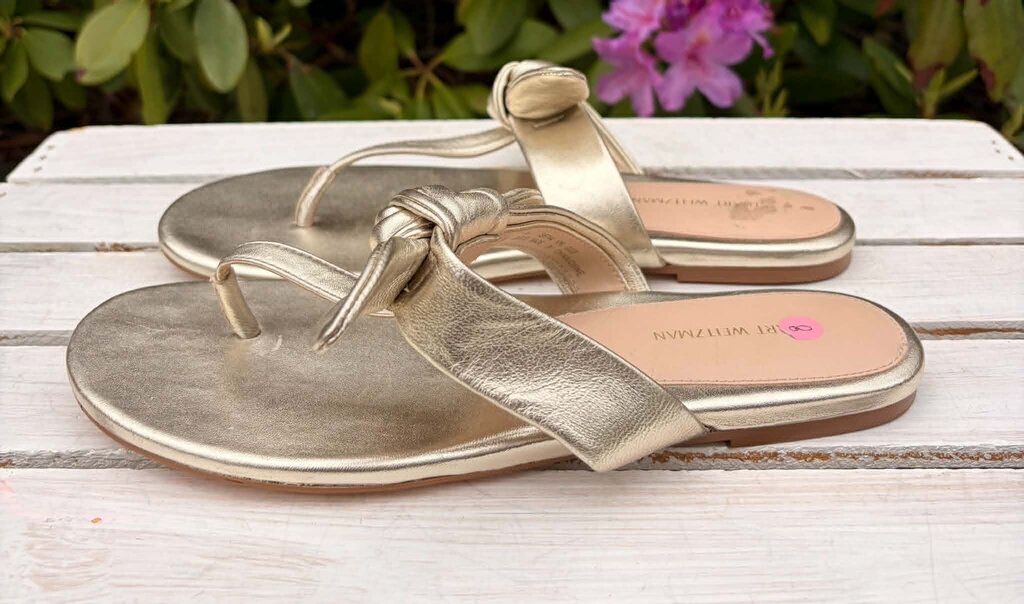Stuart Weitzman Gold Metallic Thong Knot Tie Sandals - Size 8