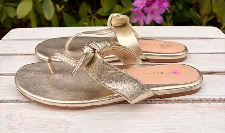 Stuart Weitzman Gold Metallic Thong Knot Tie Sandals - Size 8